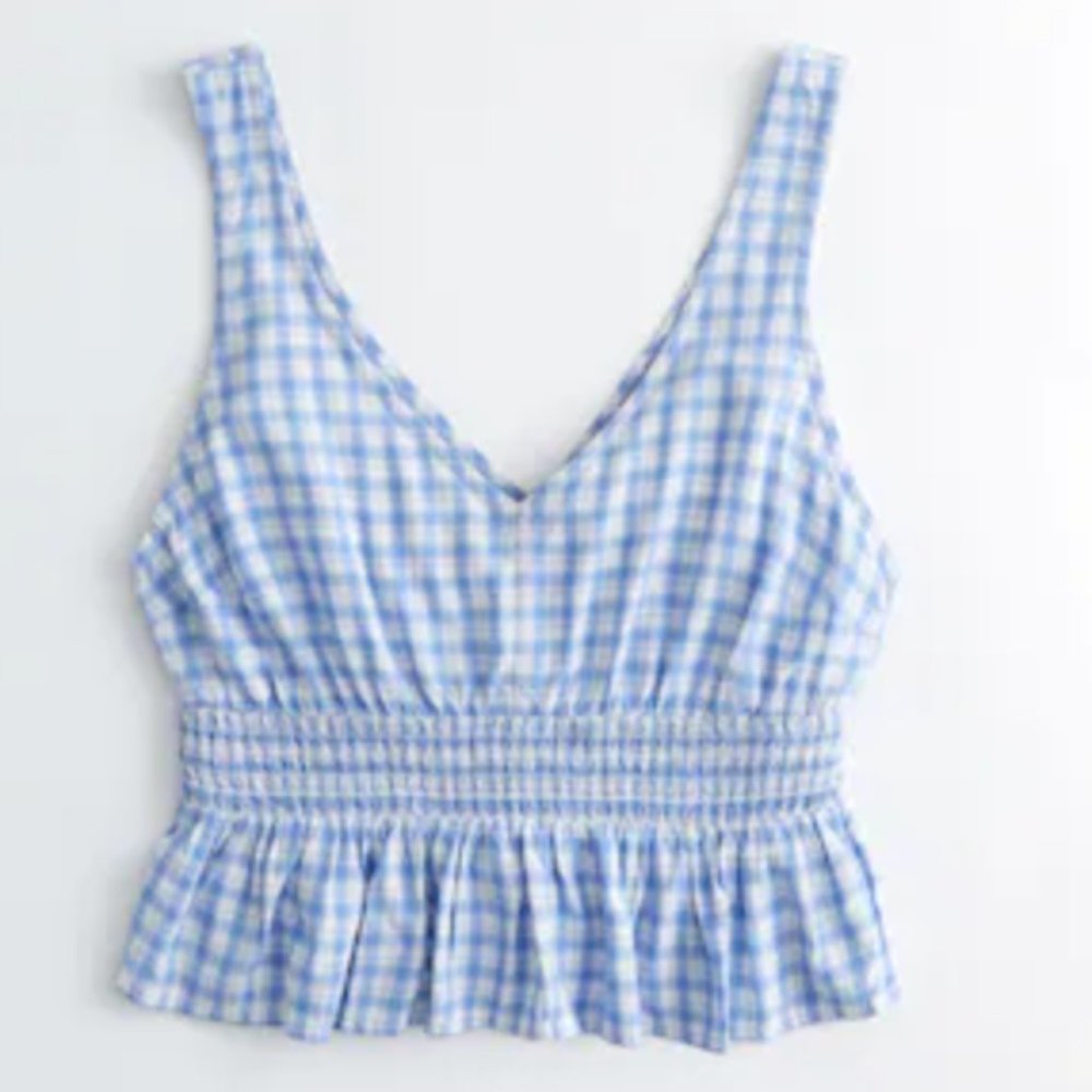 Hollister Smocked Waist Blue Gingham Tank Top
